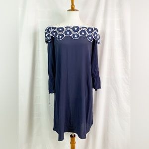 Ann Taylor LOFT Navy Blue Circle Lace Off The Shoulder Shift Dress Med